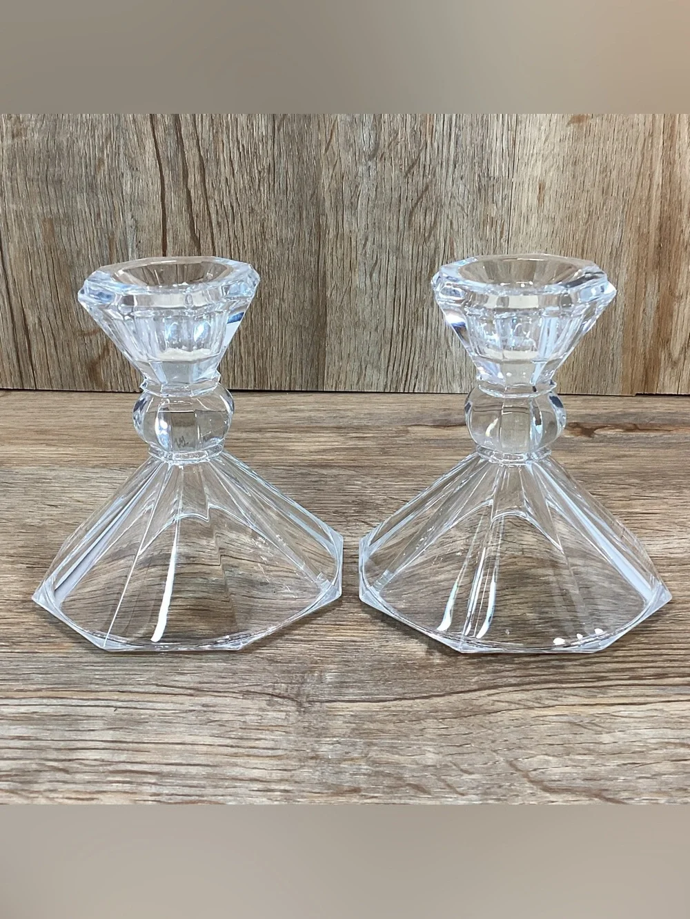 Pair Glass Candlestick Holders with Holiday Candle Rings